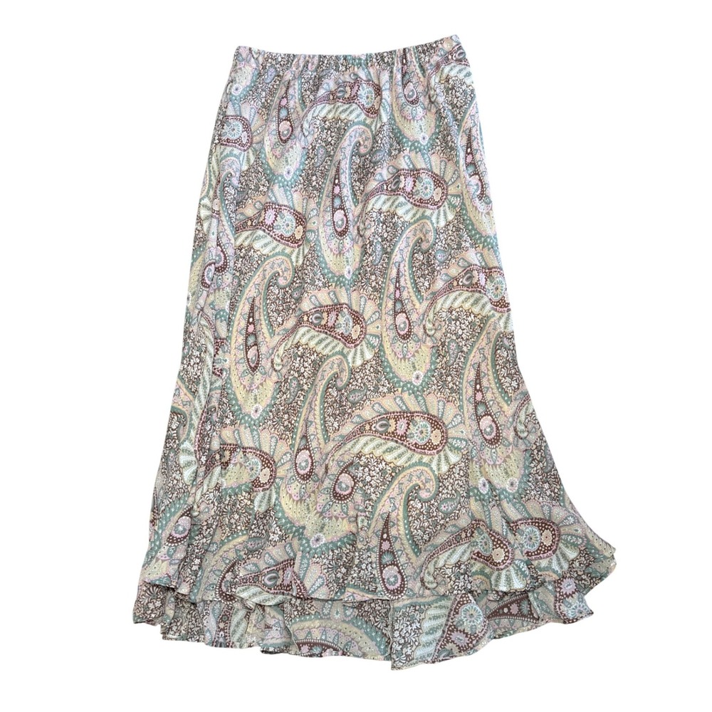 VTG Karin Stevens Paisley Maxi Skirt Elastic Waist Ruffle Hem Womens 16W Cottage